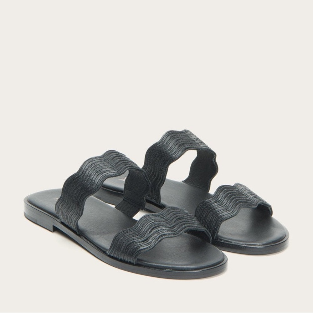 FRYE Mira Black Leather Wave Double Strap Slide Sandals Size 6